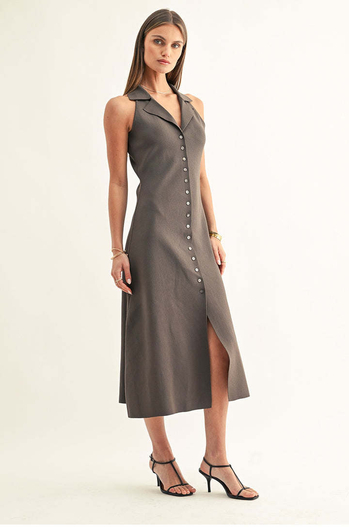 LILY HALTER SHIRT MIDI KNIT DRESS