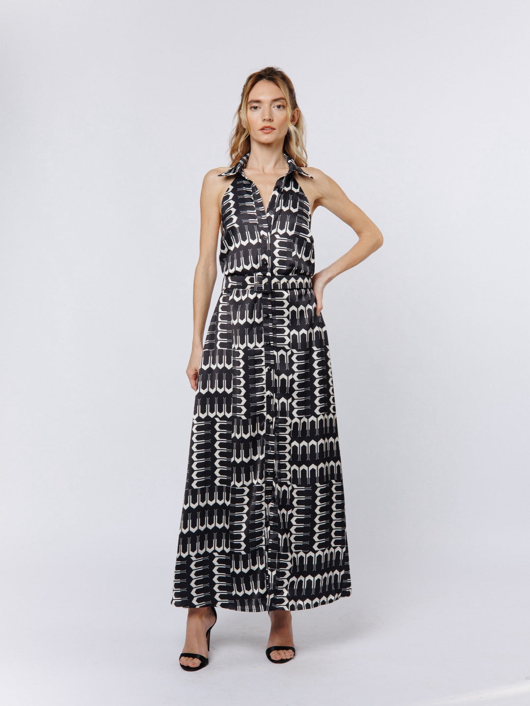KAISA ABSTRACT GEO HALTER MAXI DRESS