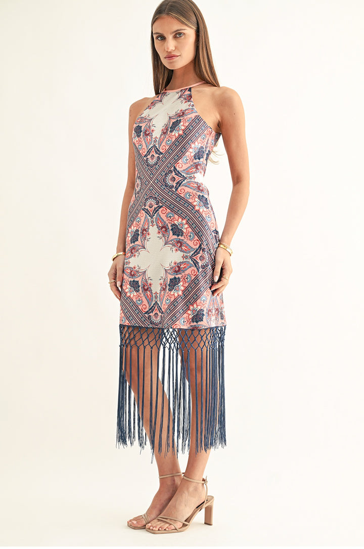 MORGAN BIAS MIDI DRESS WITH FRINGE HEM