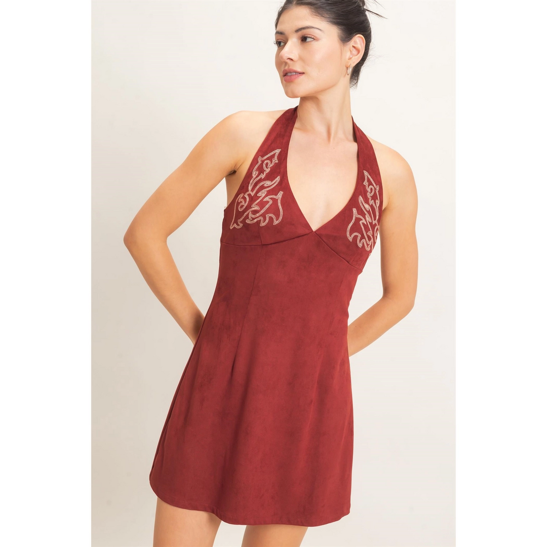 SUEDE V-NECK HALTER DRESS