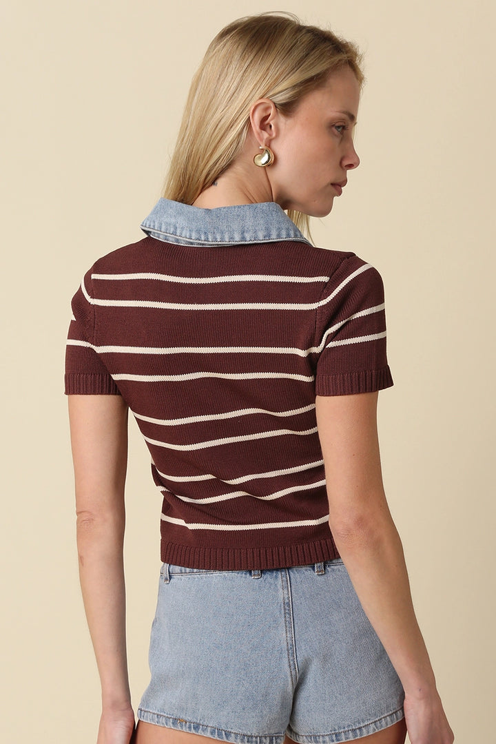 SHORT SLEEVE SWEATER WITH DENIM CONTRAST
