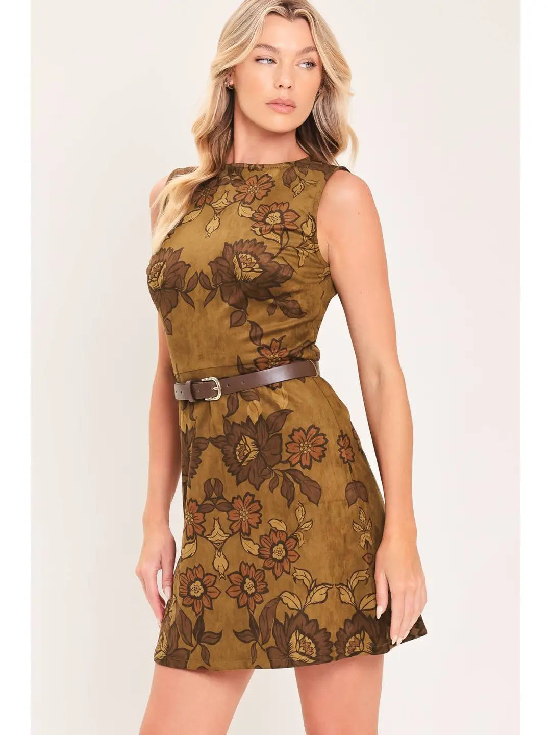 PRINTED FAUX SUEDE MINI DRESS