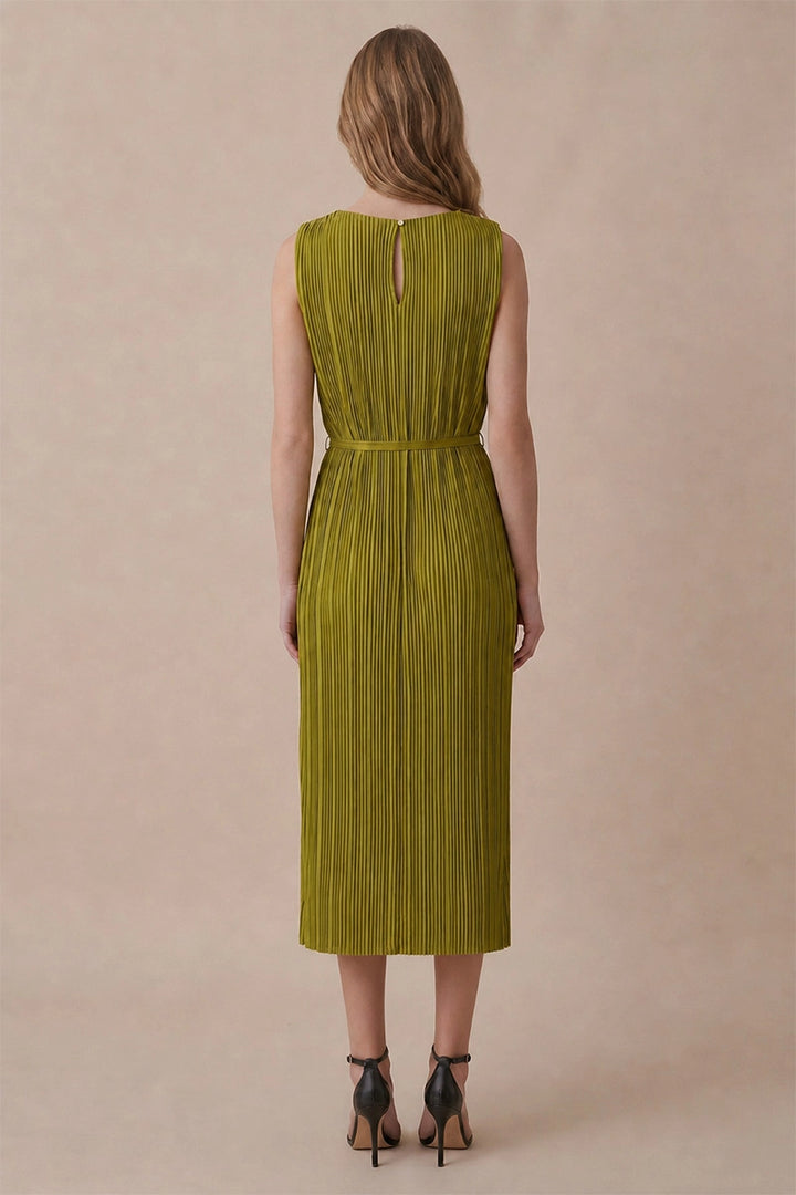 GOLD HARDWARE TRIM PLISSE MIDI DRESS