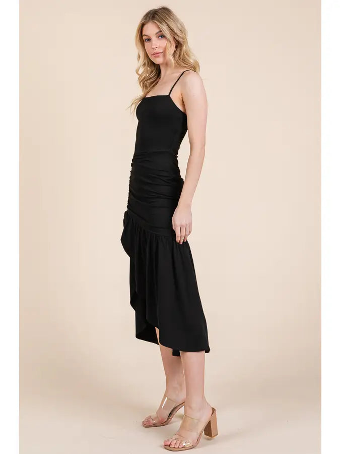 RUFFLE FLARE MIDI SLIT DRESS