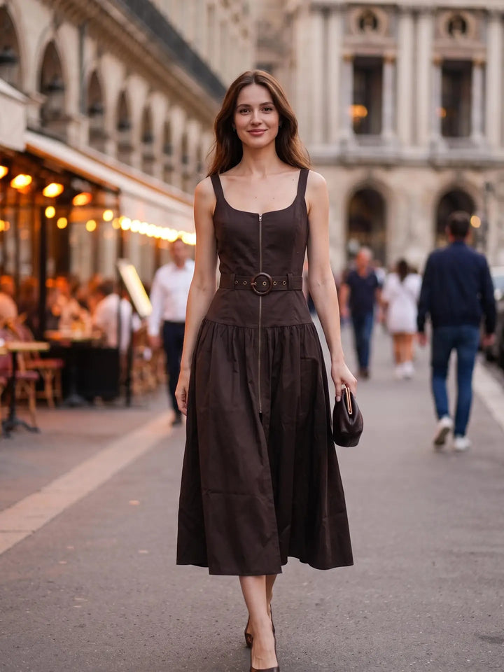 BELTED ZIP FRONT MIDI DRESS