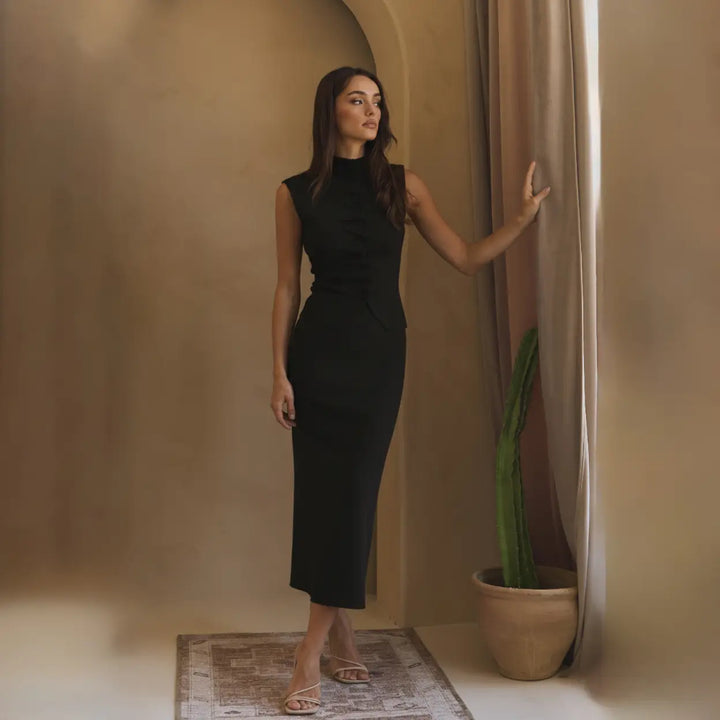 PLEATED MOCK NECK SWEATER TOP &amp; SKIRT SET
