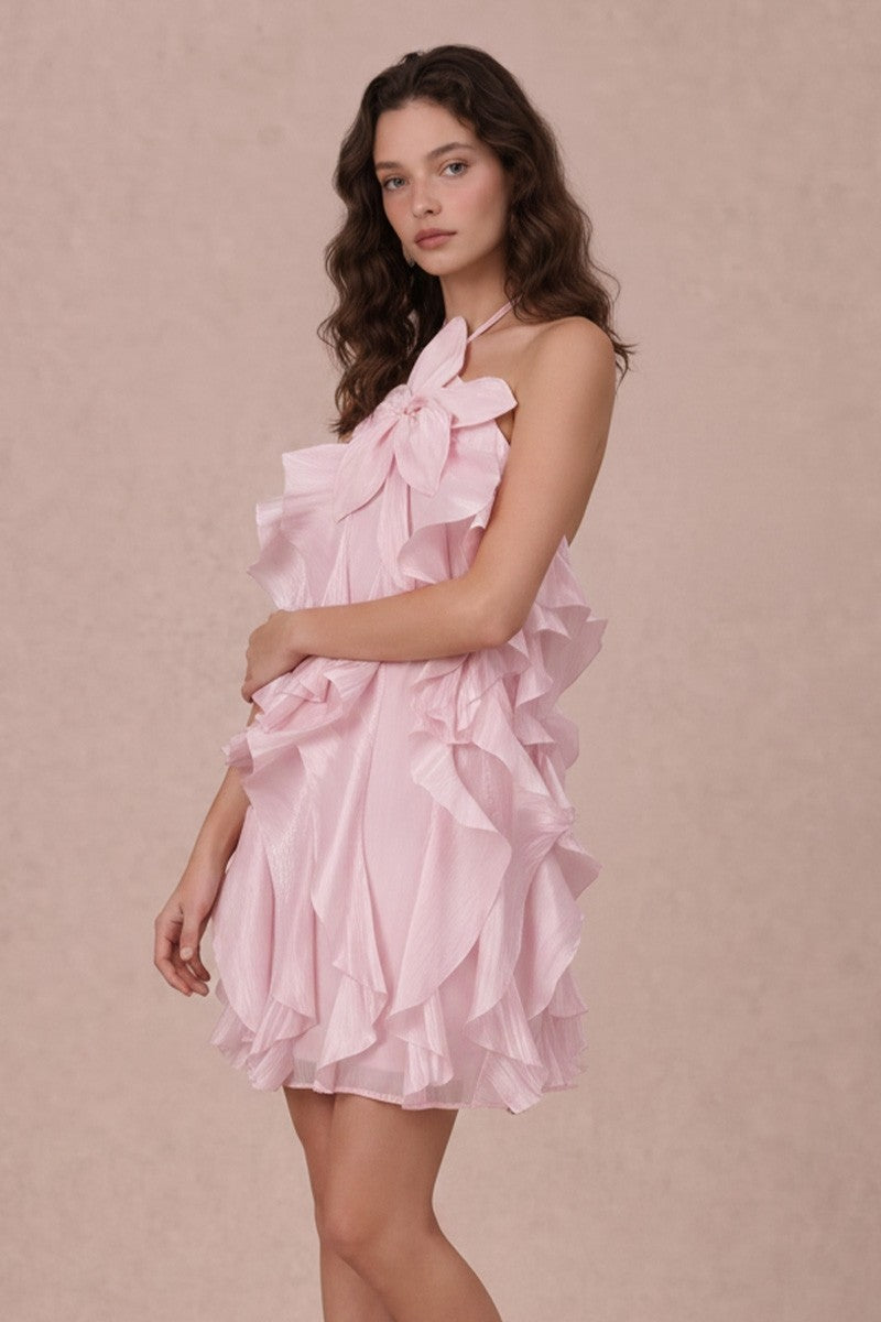 RUFFLE DETAIL FLORAL APPLIQUE MINI DRESS