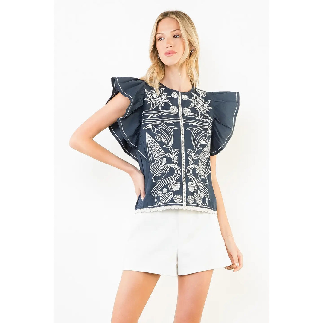RUFFLE SLEEVES EMBROIDERY DETAIL TOP
