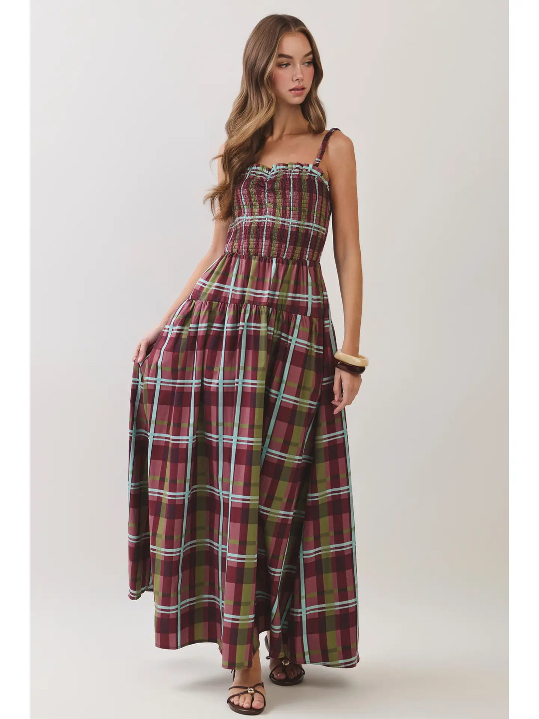 PLAID SMOCKED TIERED MAXI DRESS