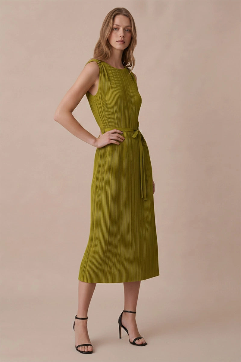 GOLD HARDWARE TRIM PLISSE MIDI DRESS