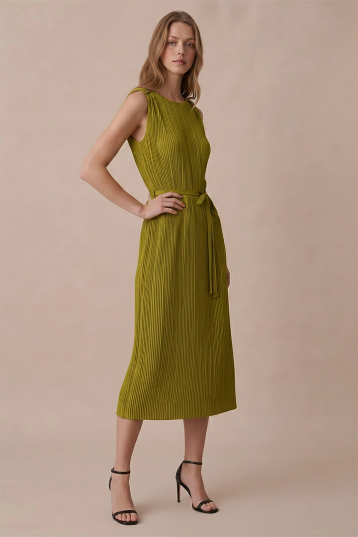 GOLD HARDWARE TRIM PLISSE MIDI DRESS