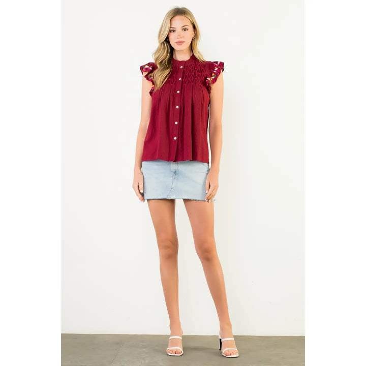 BUTTON UP FLUTTER SLEEVE TOP