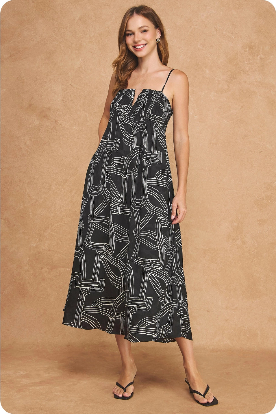 PINTUCK DETAIL PRINT SATIN LONG DRESS