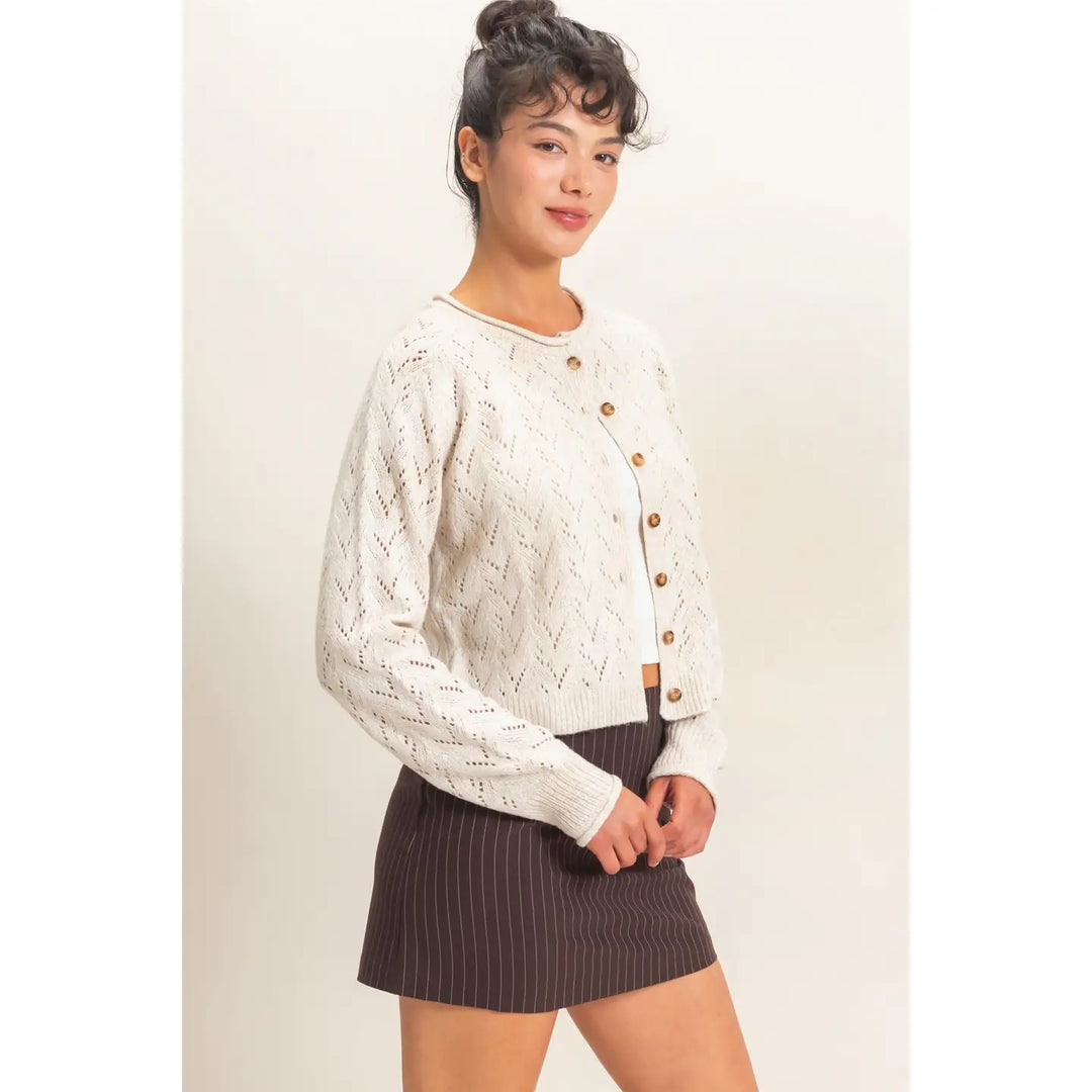 POINTELLE KNIT BUTTON FRONT CARDIGAN