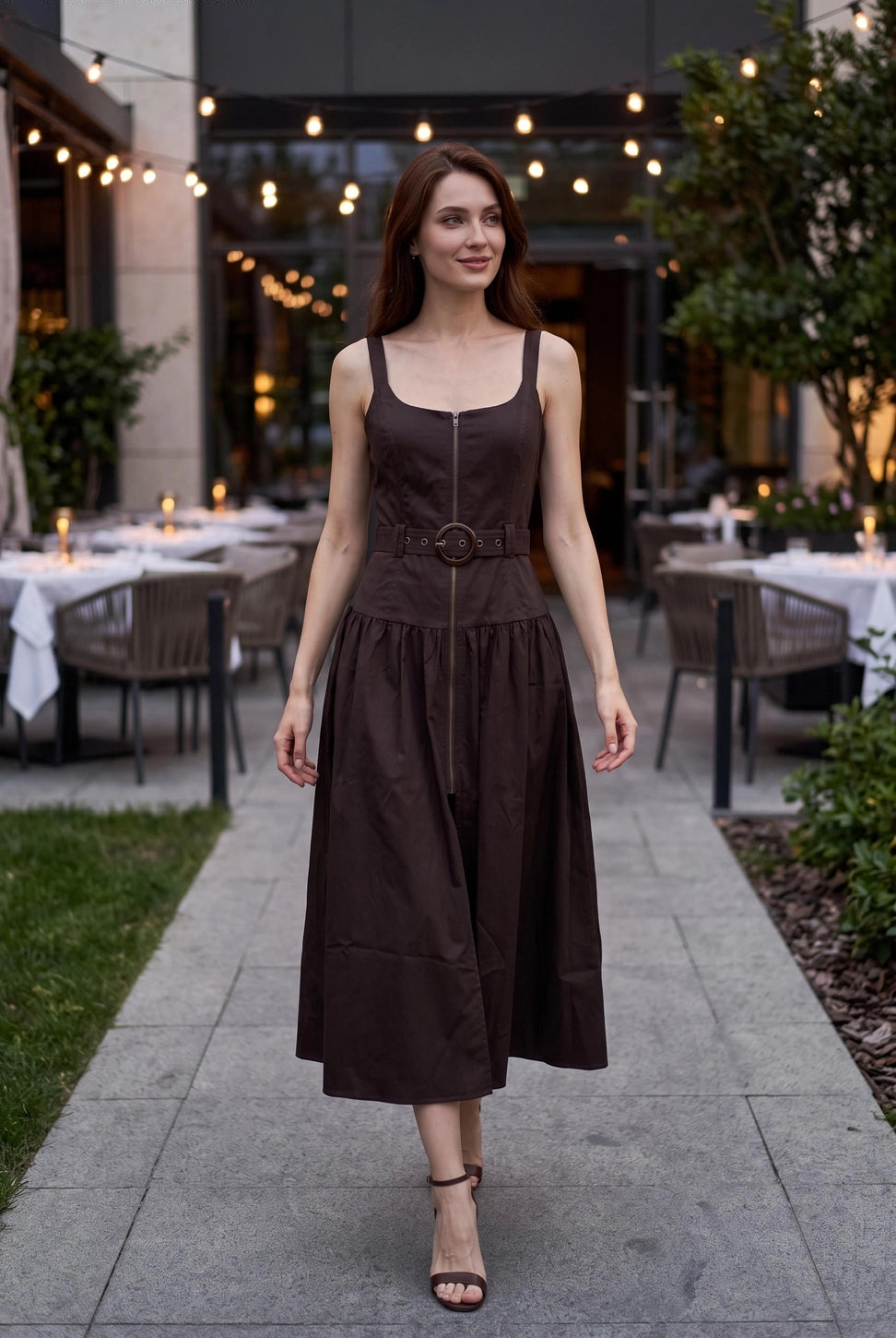 BELTED ZIP FRONT MIDI DRESS