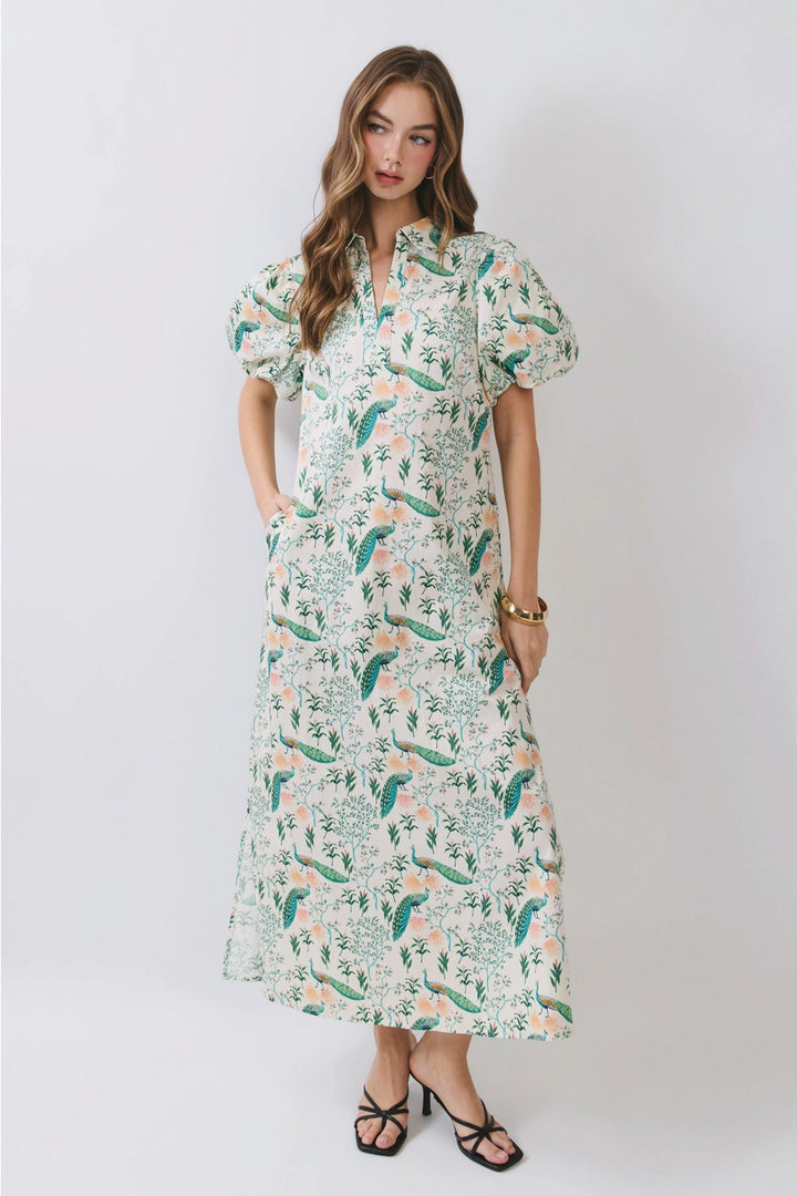 PEACOCK PRINT PUFF SLEEVE MIDI DRESS