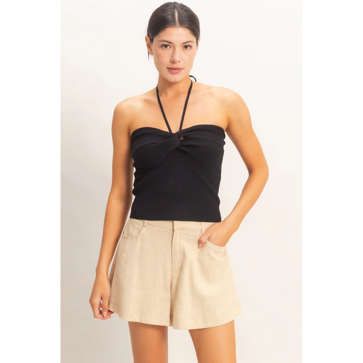 RIBBED HALTER TOP WITH TWIST