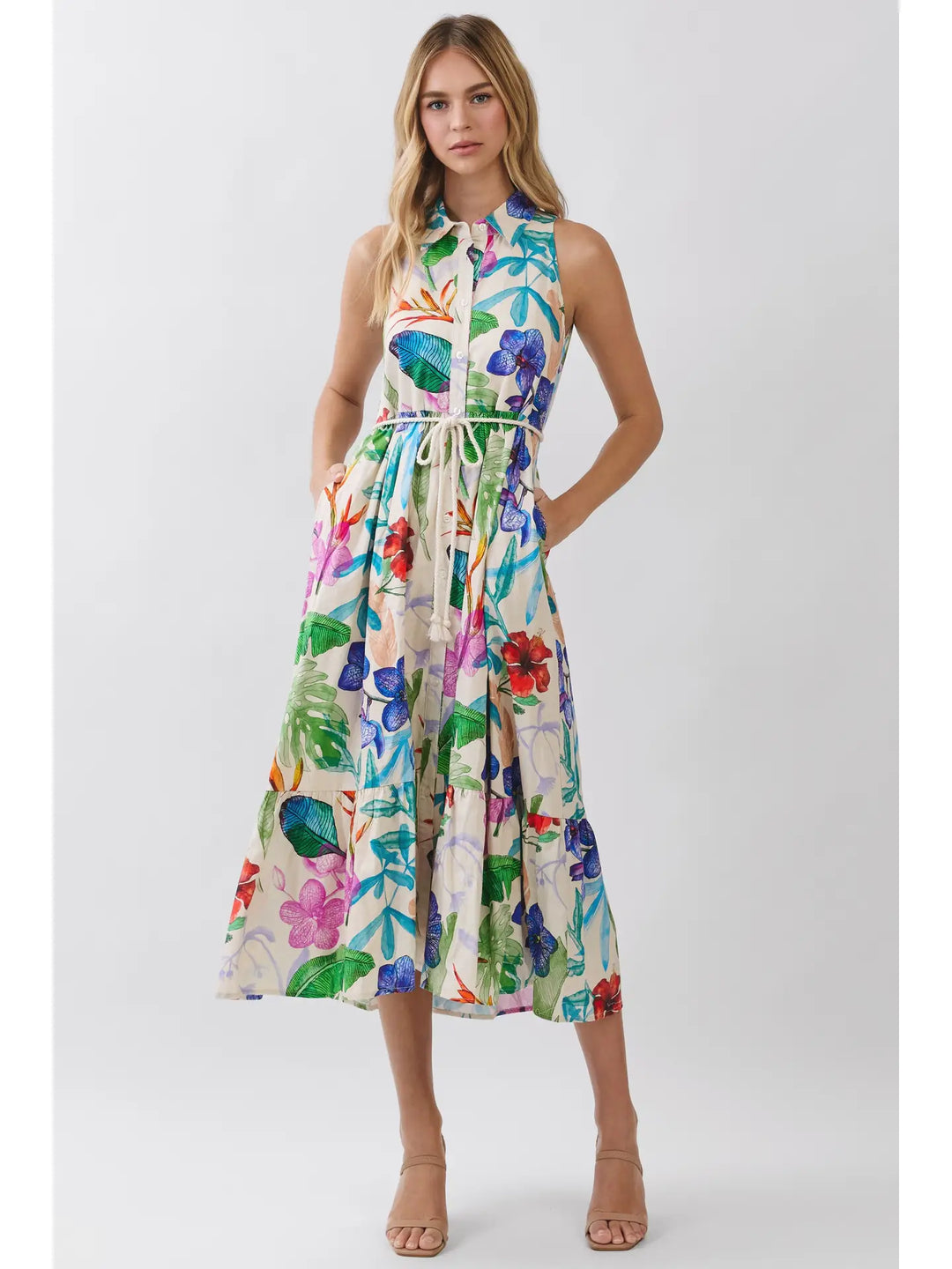 TROPICAL FLORAL SLEEVELESS BUTTON DOWN MIDI DRESS