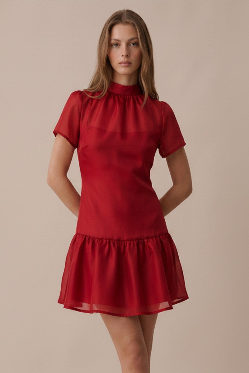 SOFT ORGANZA MOCK NECK MINI DRESS