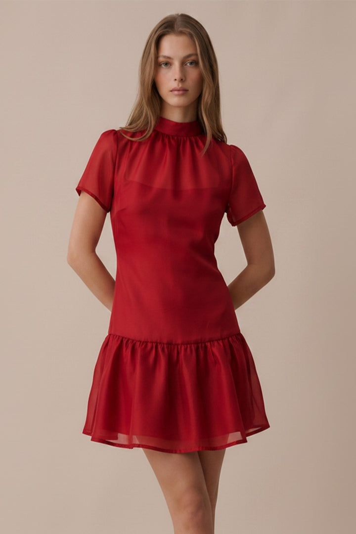 SOFT ORGANZA MOCK NECK MINI DRESS