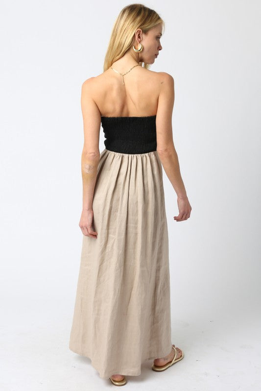 MEI CONTRAST STRAPLESS LINEN MAXI DRESS