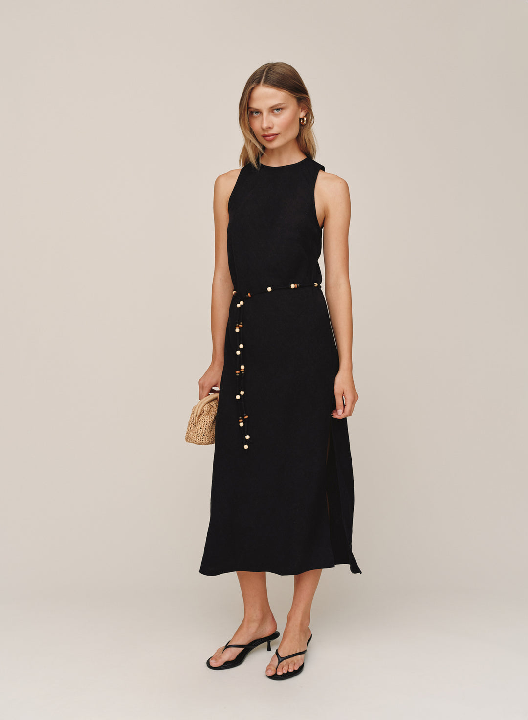 Bias Midi Dress With Beaded Belt | Black | S