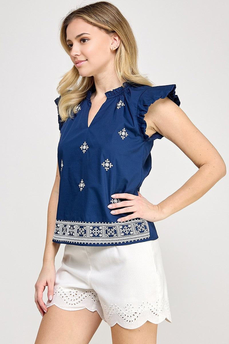 BORDER EMBROIDERY FRILL TOP