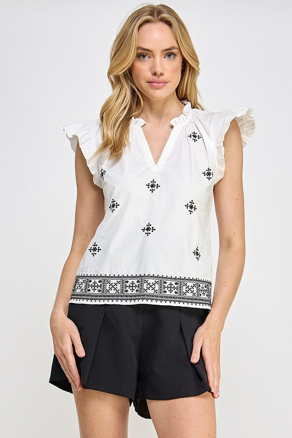 BORDER EMBROIDERY FRILL TOP