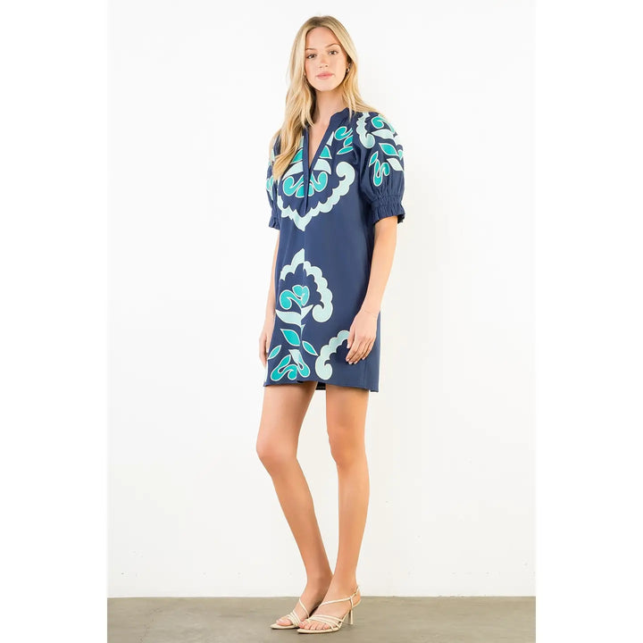 PUFF SLEEVE EMBROIDERY DETAIL V NECK DRESS