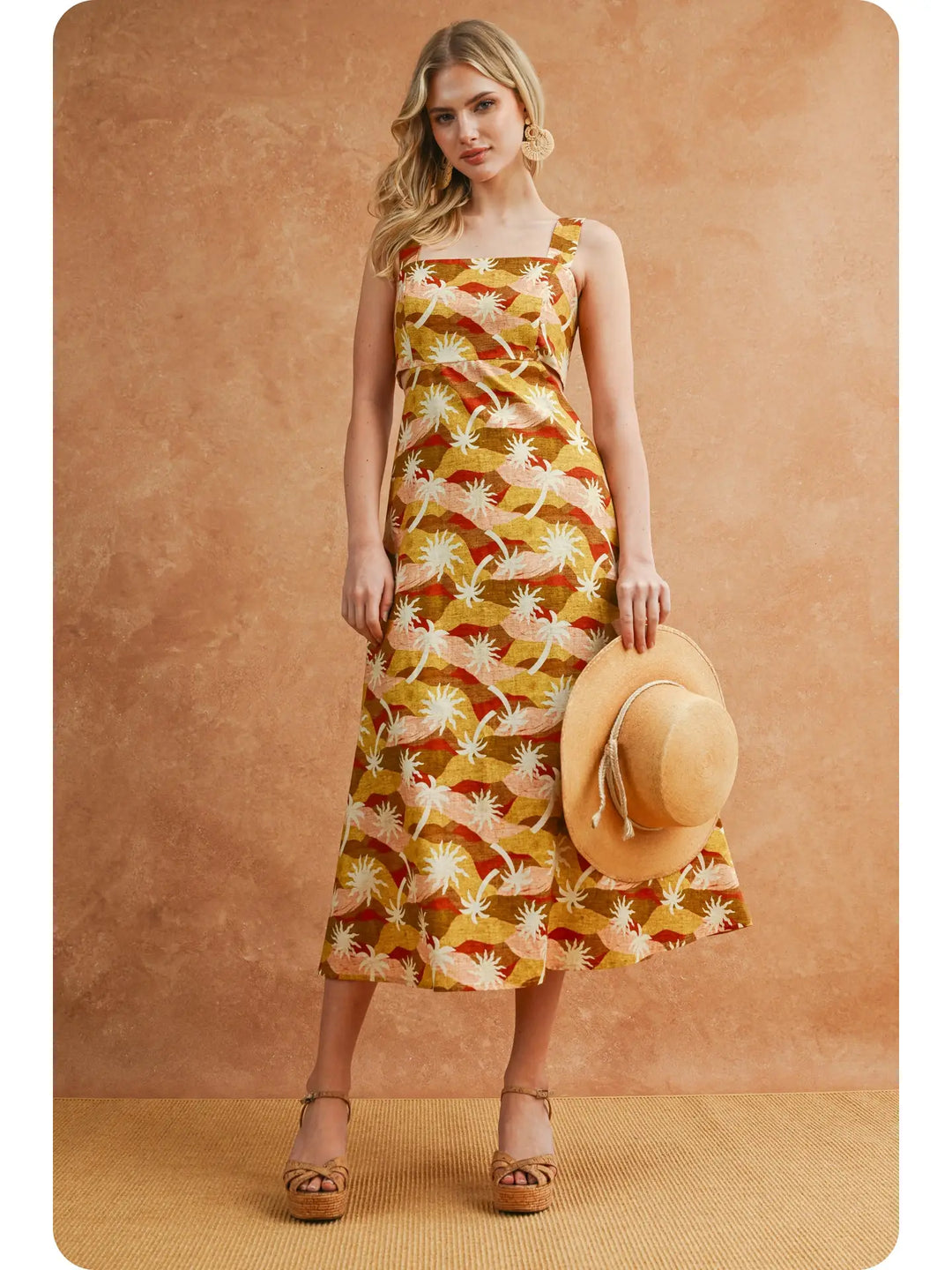 SUNBURST GEO PALM PRINT CUTOUT MIDI DRESS