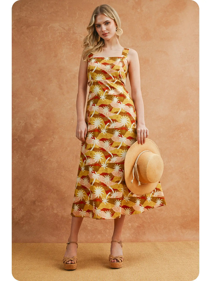 SUNBURST GEO PALM PRINT CUTOUT MIDI DRESS