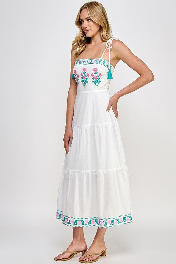 BORDER EMBROIDERED MAXI DRESS