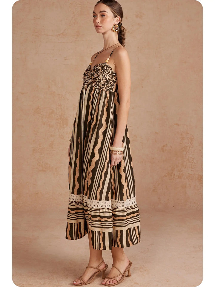 ABSTRACT WAVY STRIPE PRINT BRAIDED BODICE MIDI DRESS