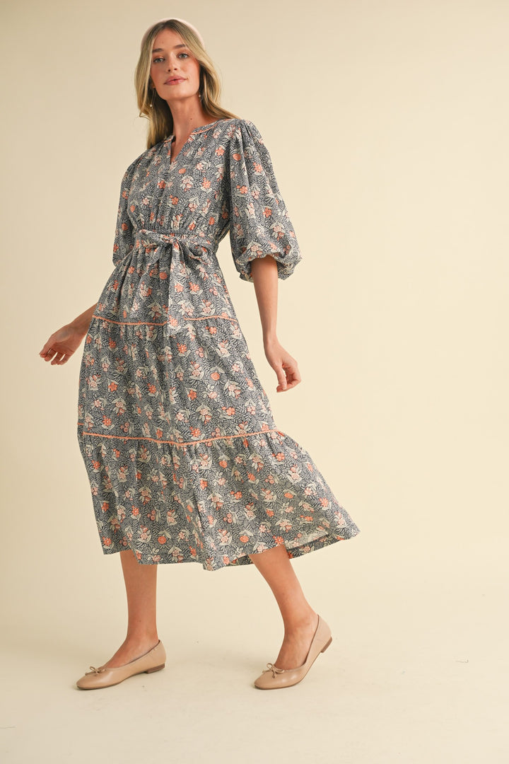 BUBBLE SLEEVE LACE TRIM MIDI DRESS