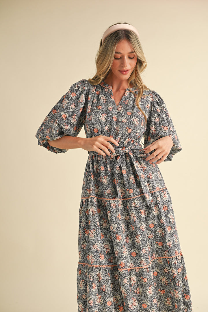 BUBBLE SLEEVE LACE TRIM MIDI DRESS