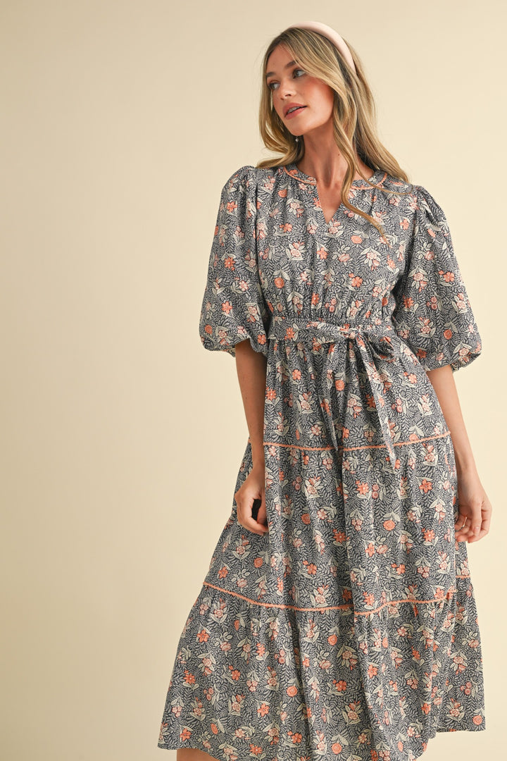 BUBBLE SLEEVE LACE TRIM MIDI DRESS