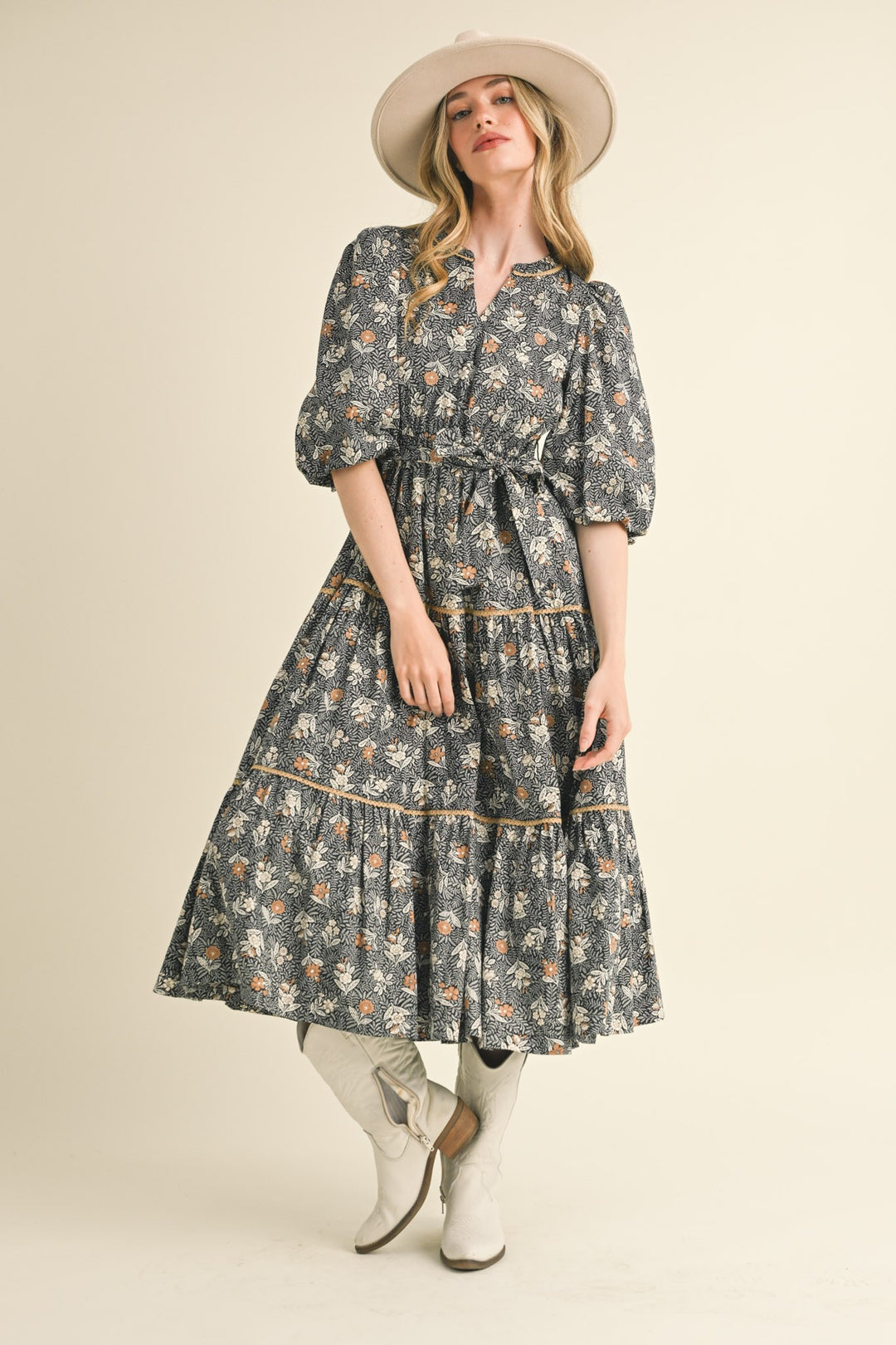 BUBBLE SLEEVE LACE TRIM MIDI DRESS