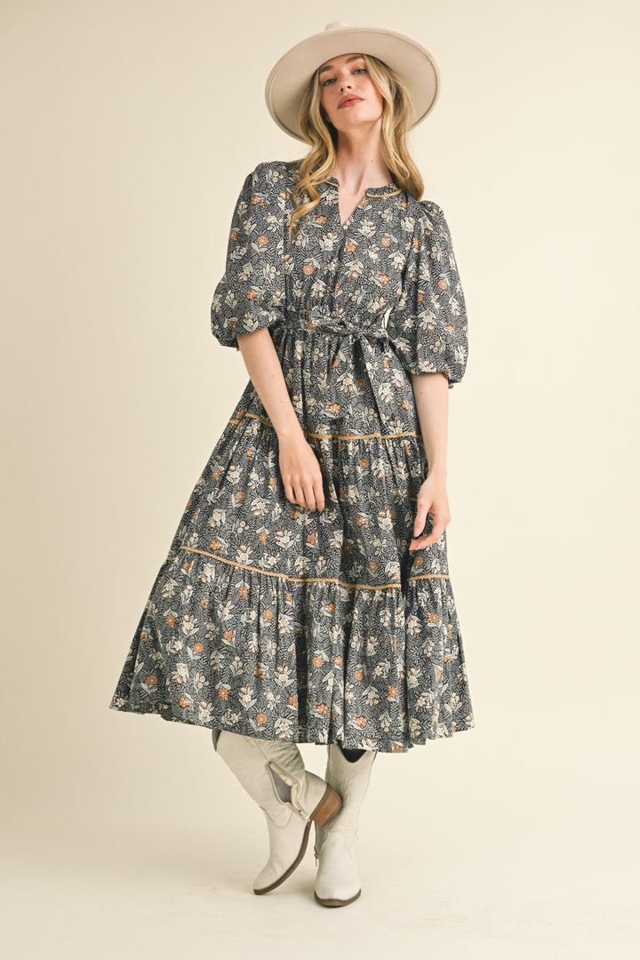BUBBLE SLEEVE LACE TRIM MIDI DRESS
