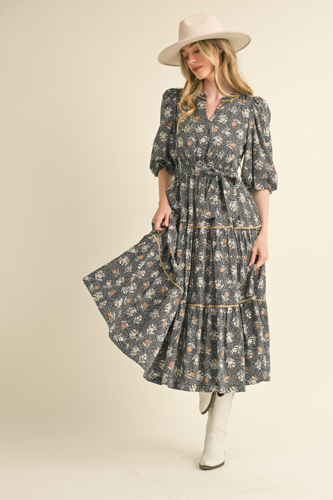 BUBBLE SLEEVE LACE TRIM MIDI DRESS