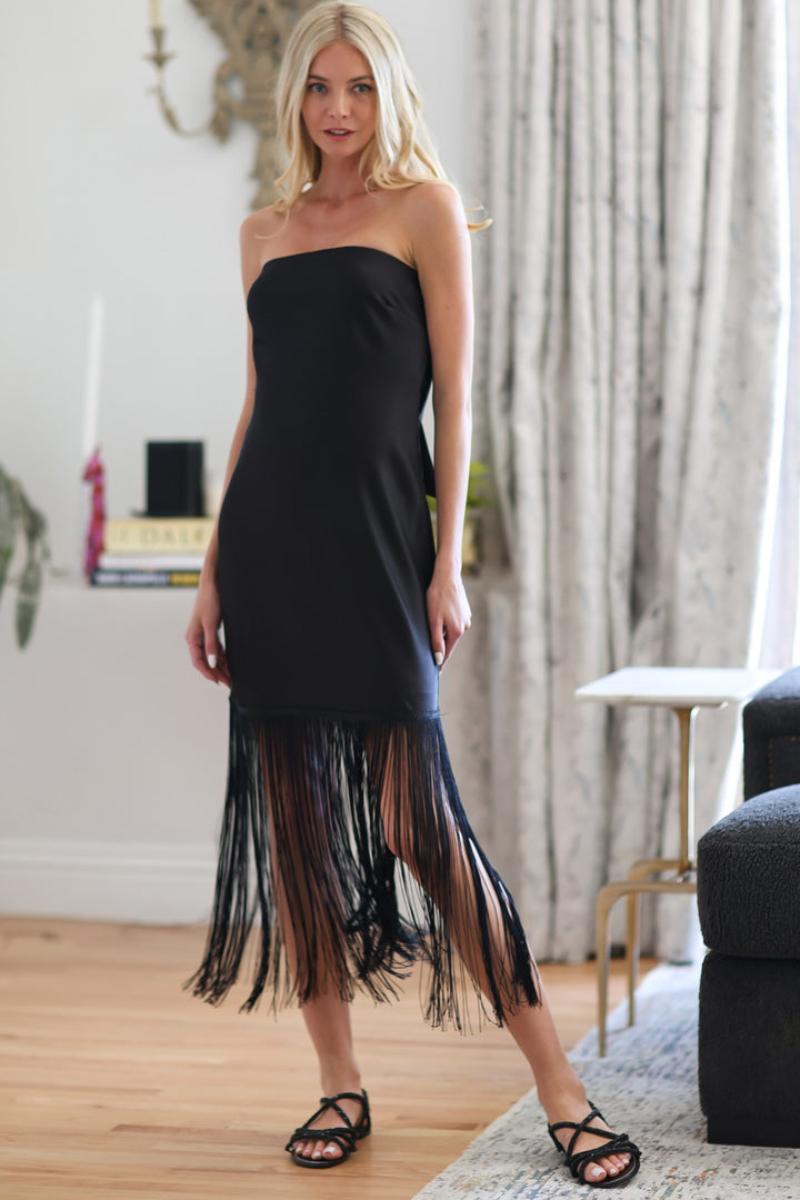 TUBE TIE BACK FRINGE TRIM MIDI DRESS