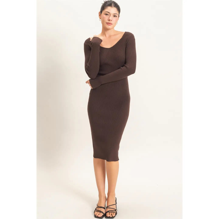 RIBBED V-NECK LONG SLEEVE DRESS