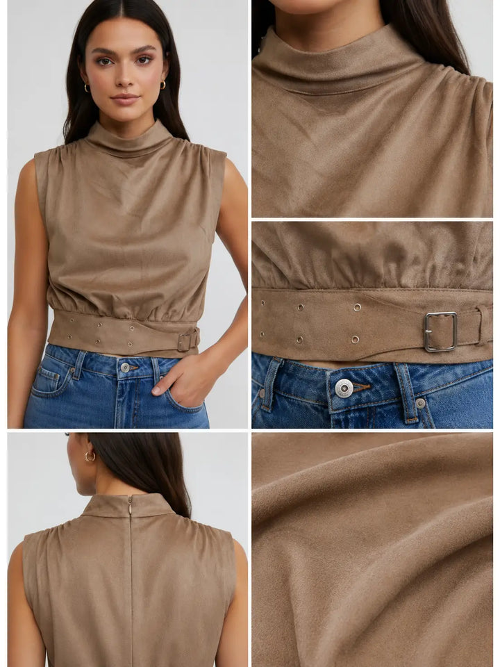 HIGH NECK SLEEVELESS TOP WITH BANDED WAIST