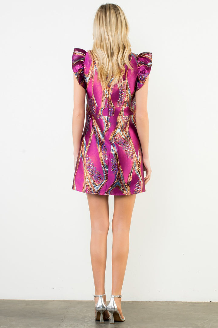 FLUTTER SLEEVE PATTERN V-NECK DRESS