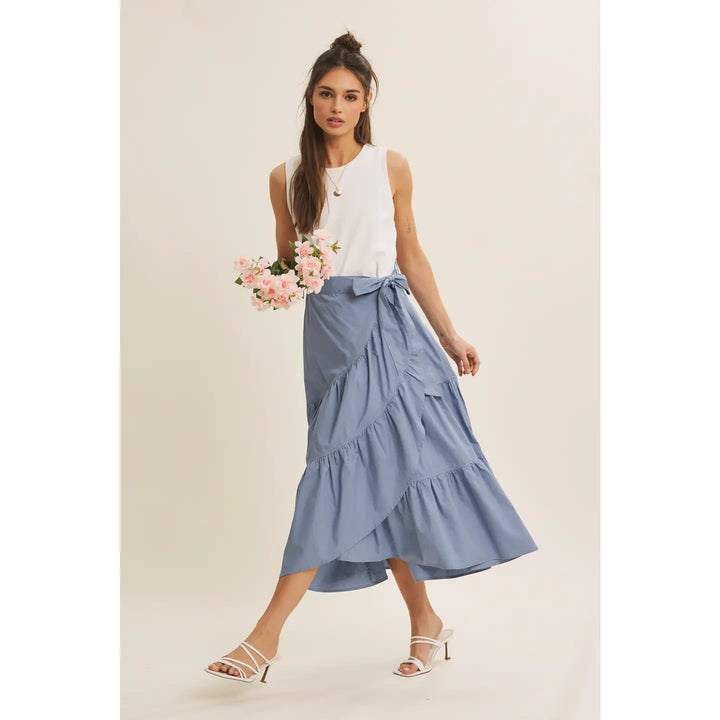 COASTAL BLUE TIERED WRAP TWOFER MIDI DRESS