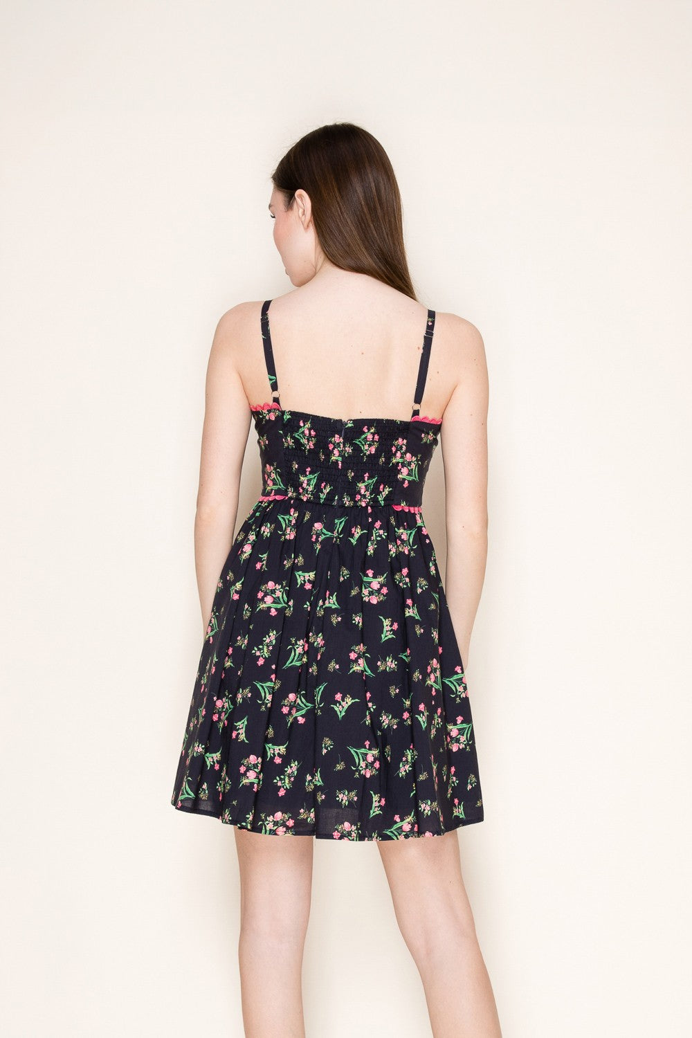 CONTRAST SCALLOPED EDGE TRIM FLORAL MINI DRESS