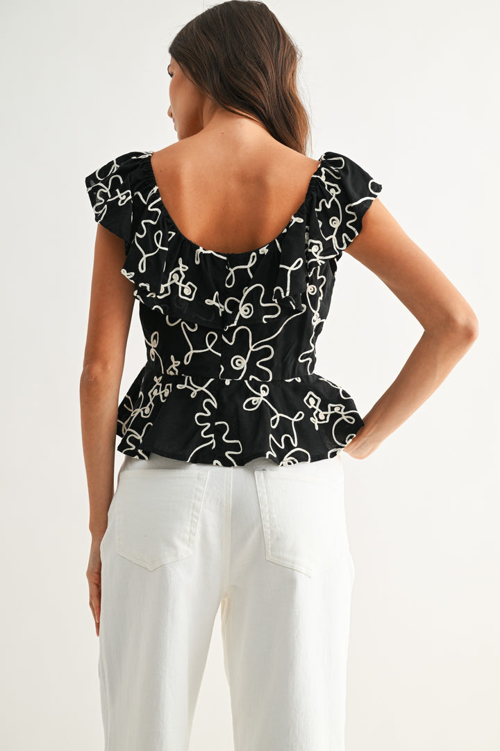 FLORAL EMBROIDERED RUFFLE BLOUSE