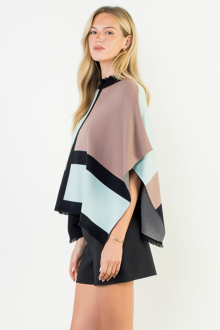 FRINGE TRIM MOCK NECK COLORBLOCK PONCHO