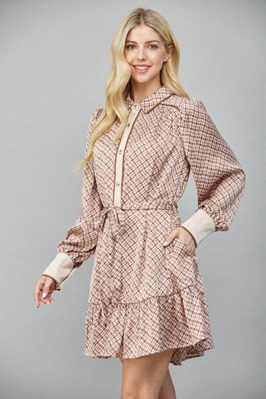 GEO PRINT SATIN TIE WAIST BUTTON DOWN SHIRT DRESS
