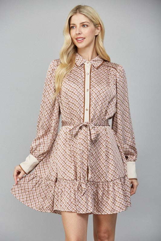 GEO PRINT SATIN TIE WAIST BUTTON DOWN SHIRT DRESS
