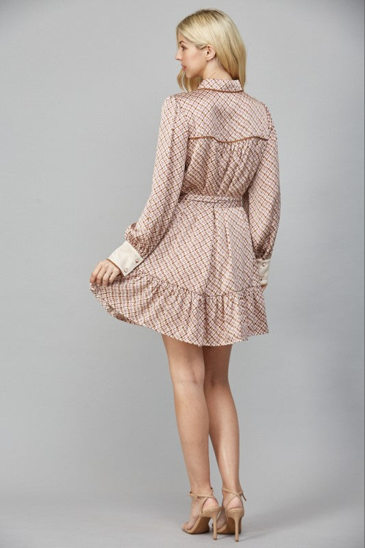 GEO PRINT SATIN TIE WAIST BUTTON DOWN SHIRT DRESS